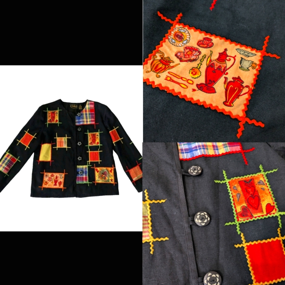 Allure Women's Print Jacket Size Small Cotton/Rayon Black Button Up Long‎ Sleeve